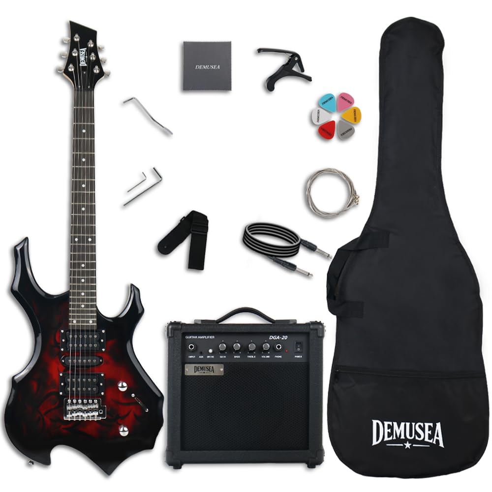 Black Red Flame Shape Full Size Solid Body Electric Guitar Kit with 20W Amp J709