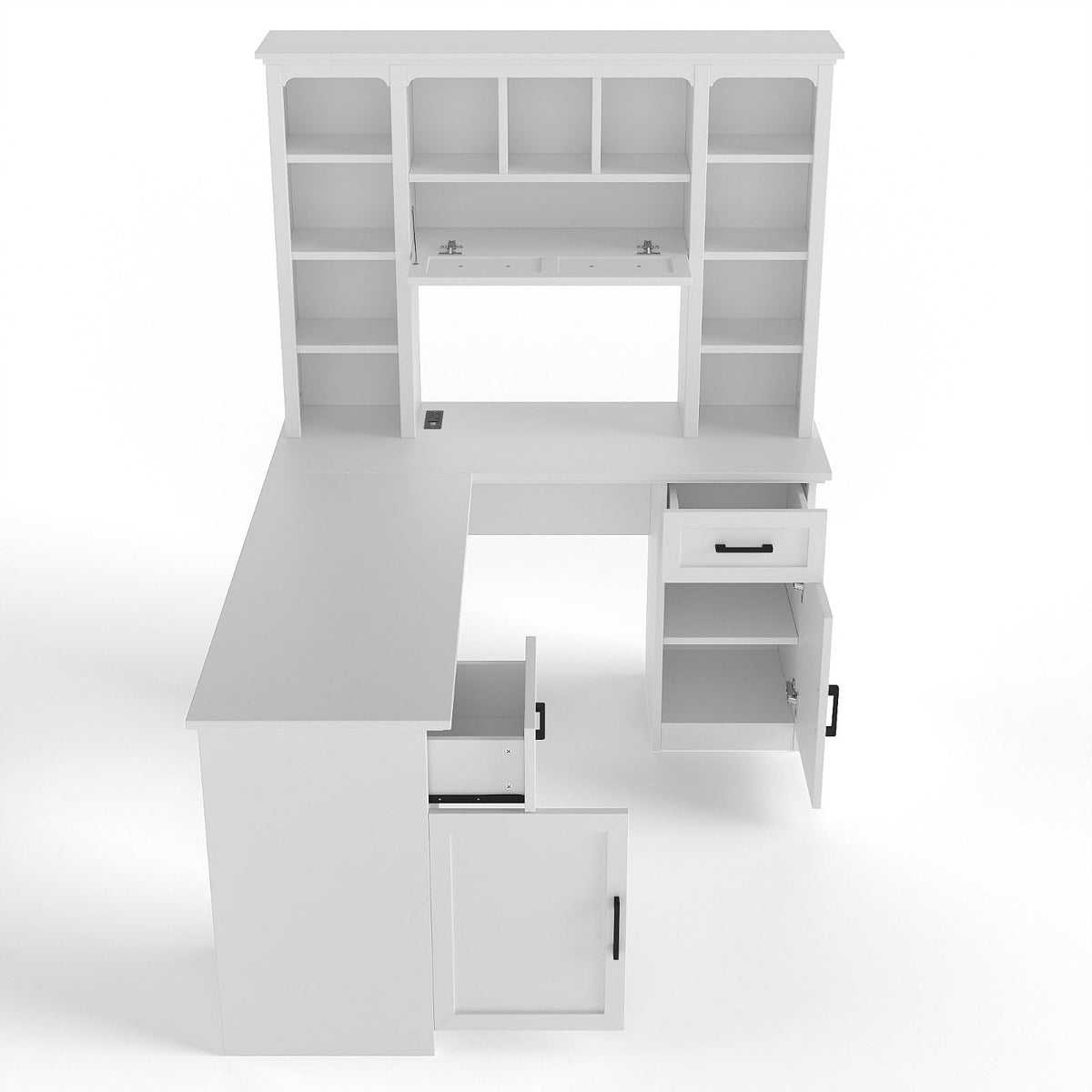 White L-Shaped Computer Desk with Hutch and Storage M37238