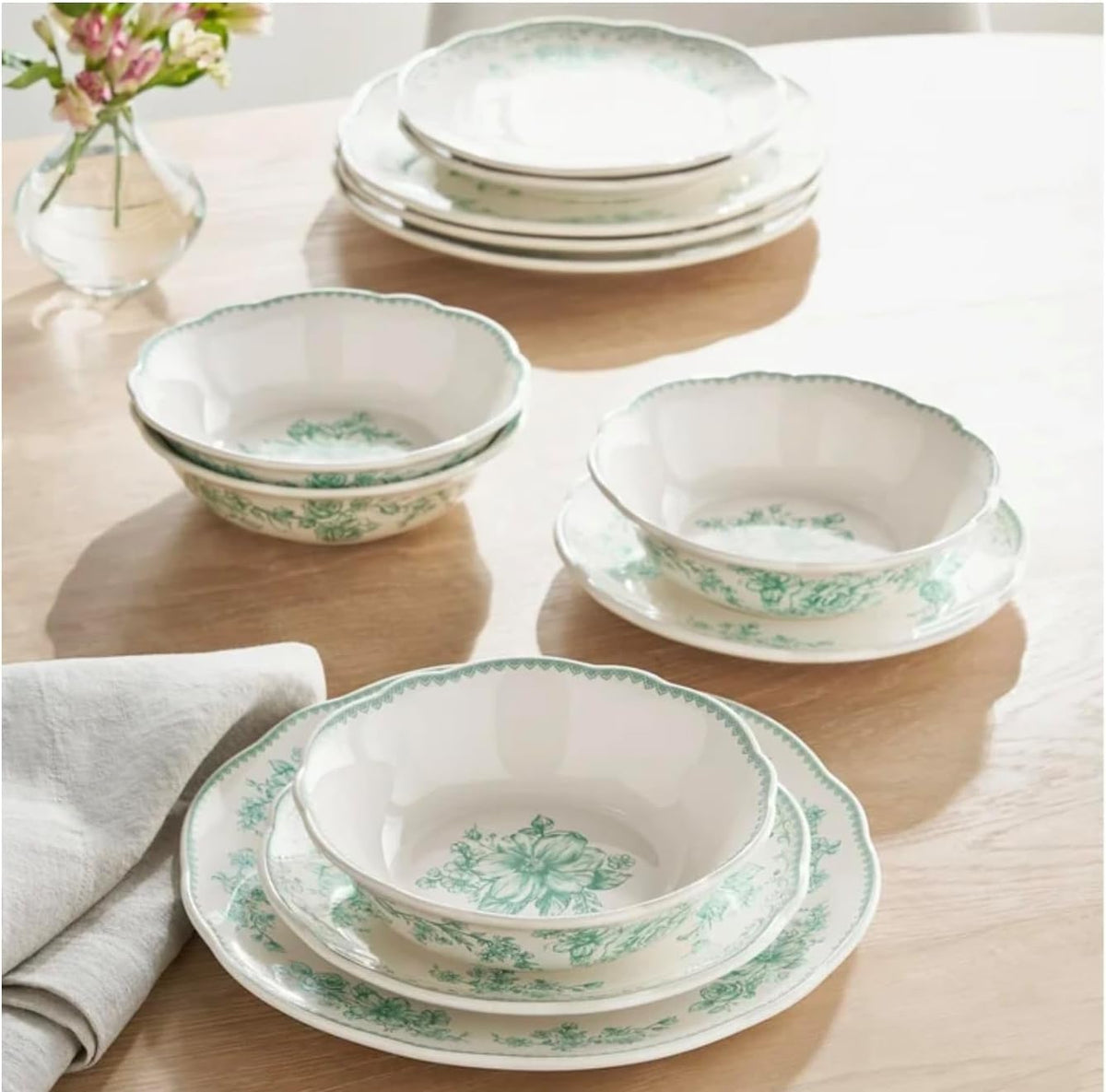 12-Piece Stoneware Dinnerware Set, Service for 4, Green E8217