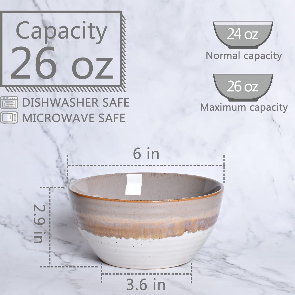 Ceramic Cereal Bowl Set of 4, 26 Oz, 6 in B2601