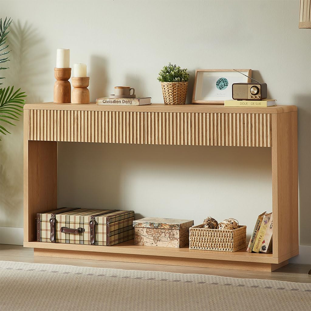 59" Oak Console Table with 2 Drawers and Open Shelf L594