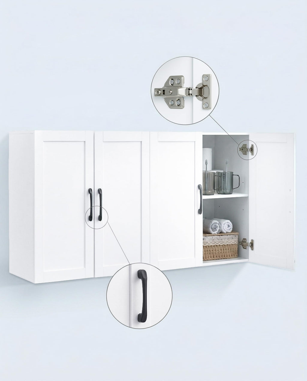 White Wall Cabinet with Adjustable Shelves and 4 Doors T81849