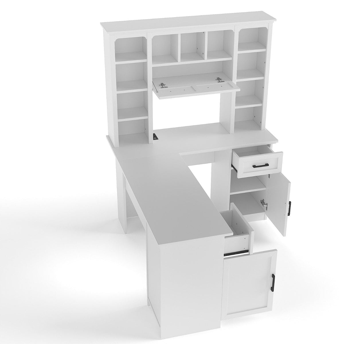White L-Shaped Computer Desk with Hutch and Storage M37238