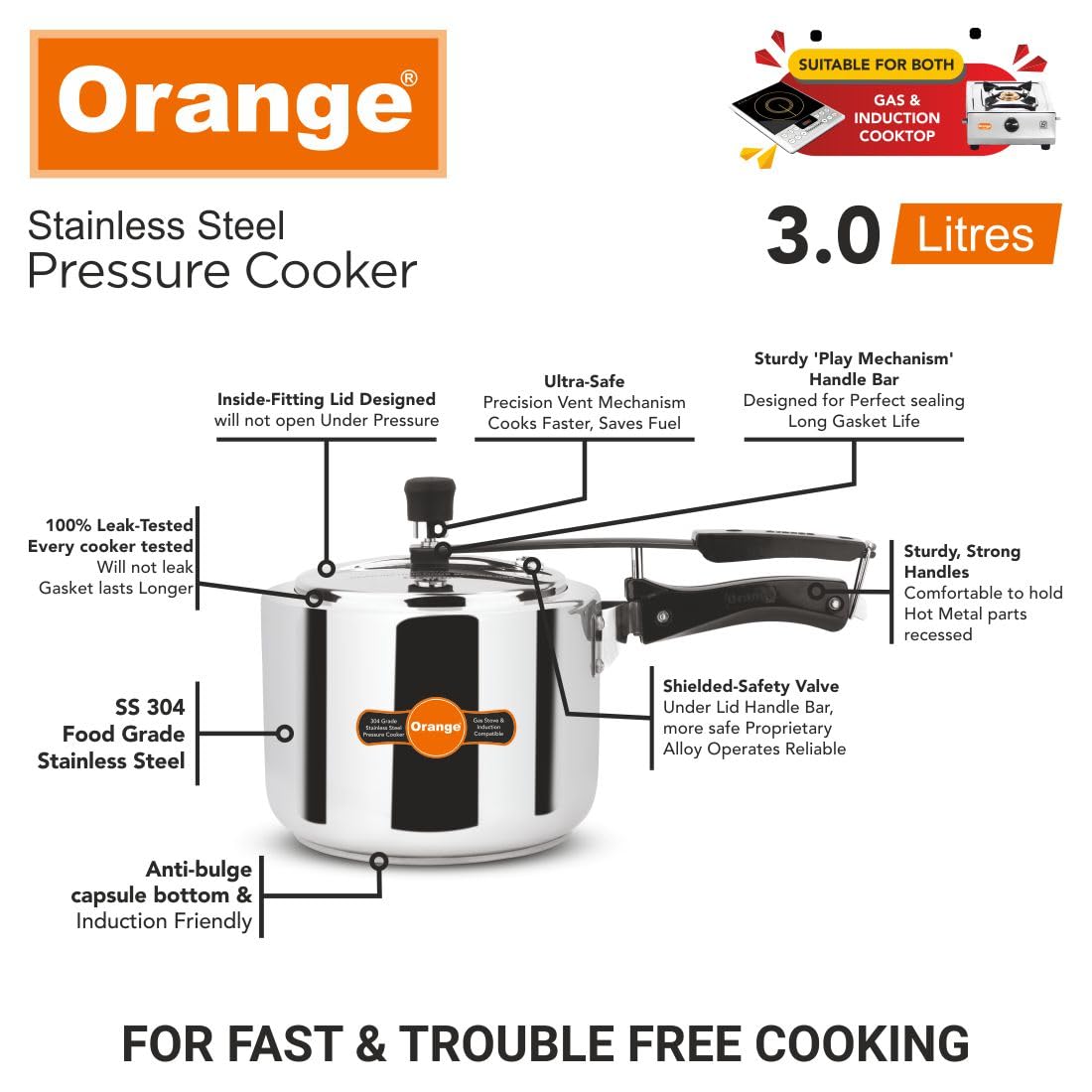 Orange Stainless Steel 3 Litre Pressure Cooker N556797