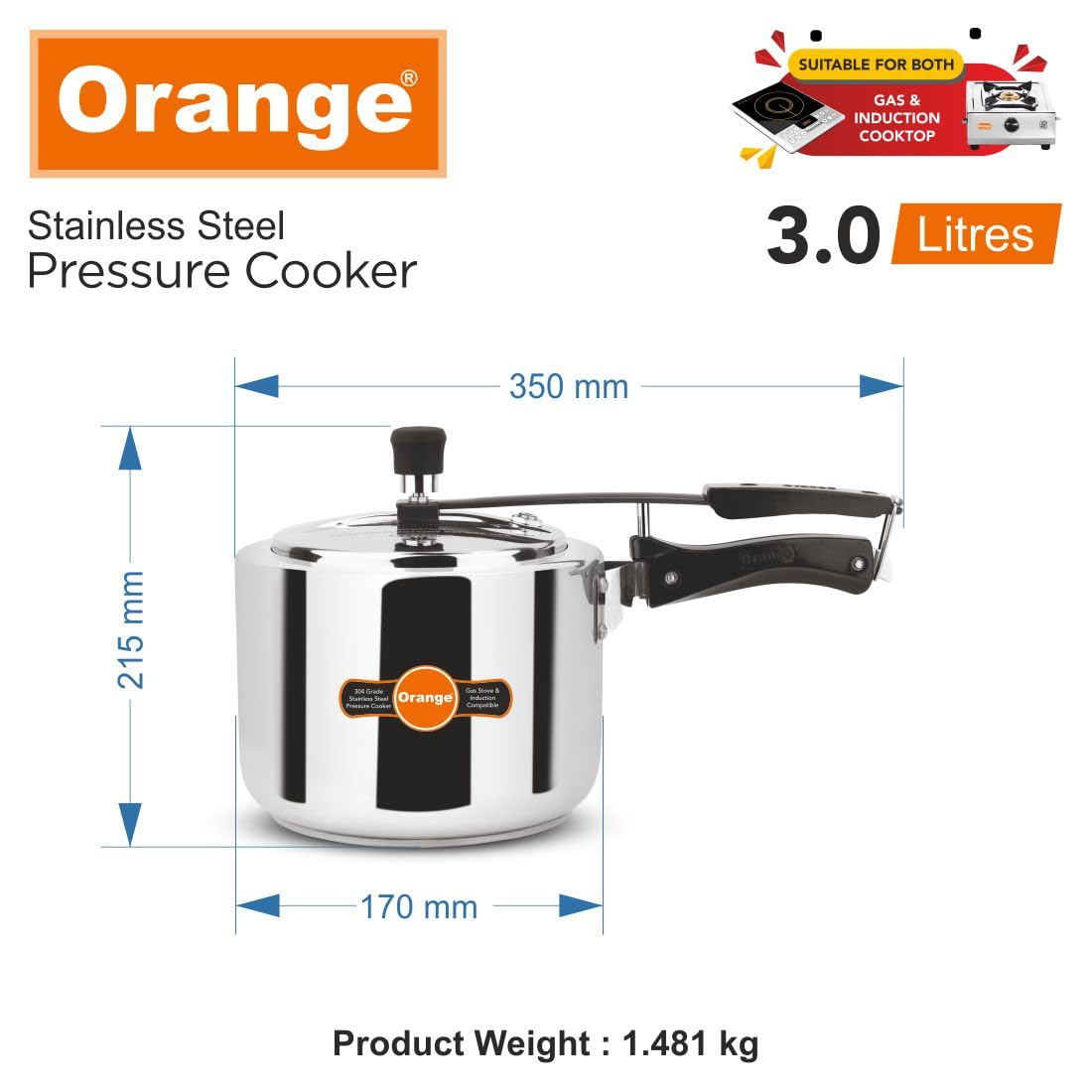 Orange Stainless Steel 3 Litre Pressure Cooker N556797