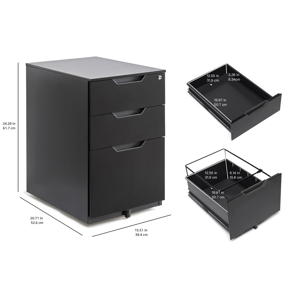3-Drawer Black Mobile File Cabinet with Lock K74415