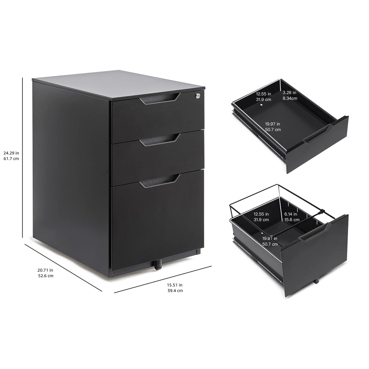 3-Drawer Black Mobile File Cabinet with Lock K74415