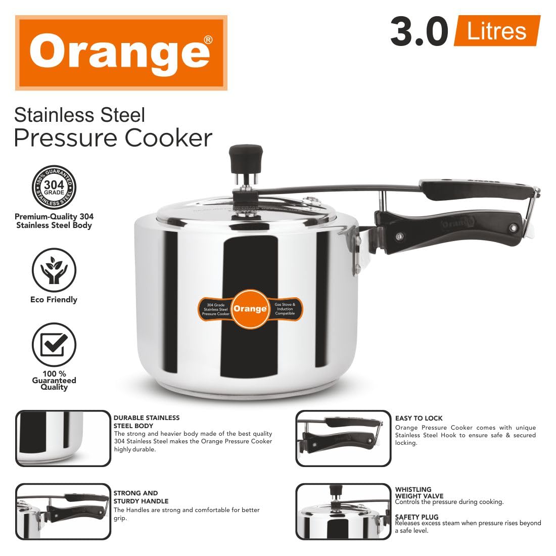 Orange Stainless Steel 3 Litre Pressure Cooker N556797