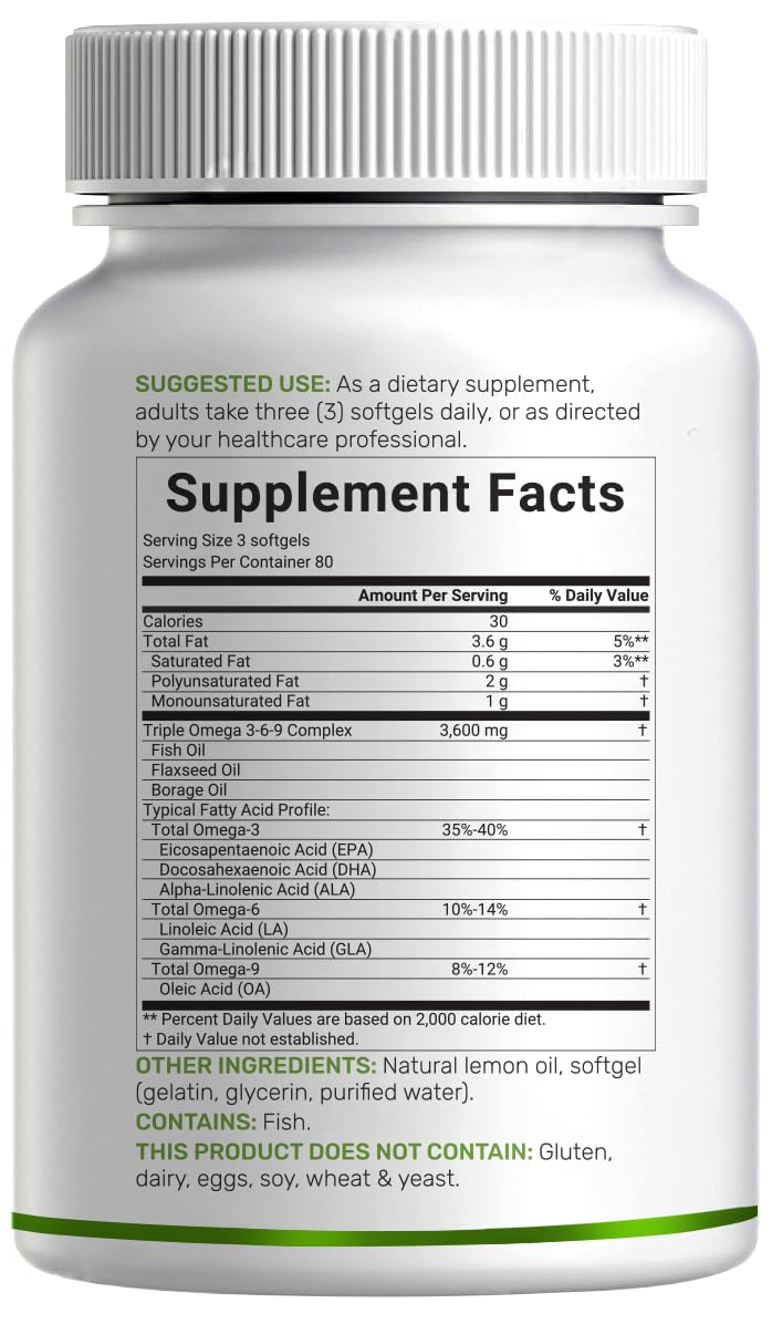 Omega 3-6-9 Fish Oil 3,600mg 240 Softgels Lemon Flavored G319