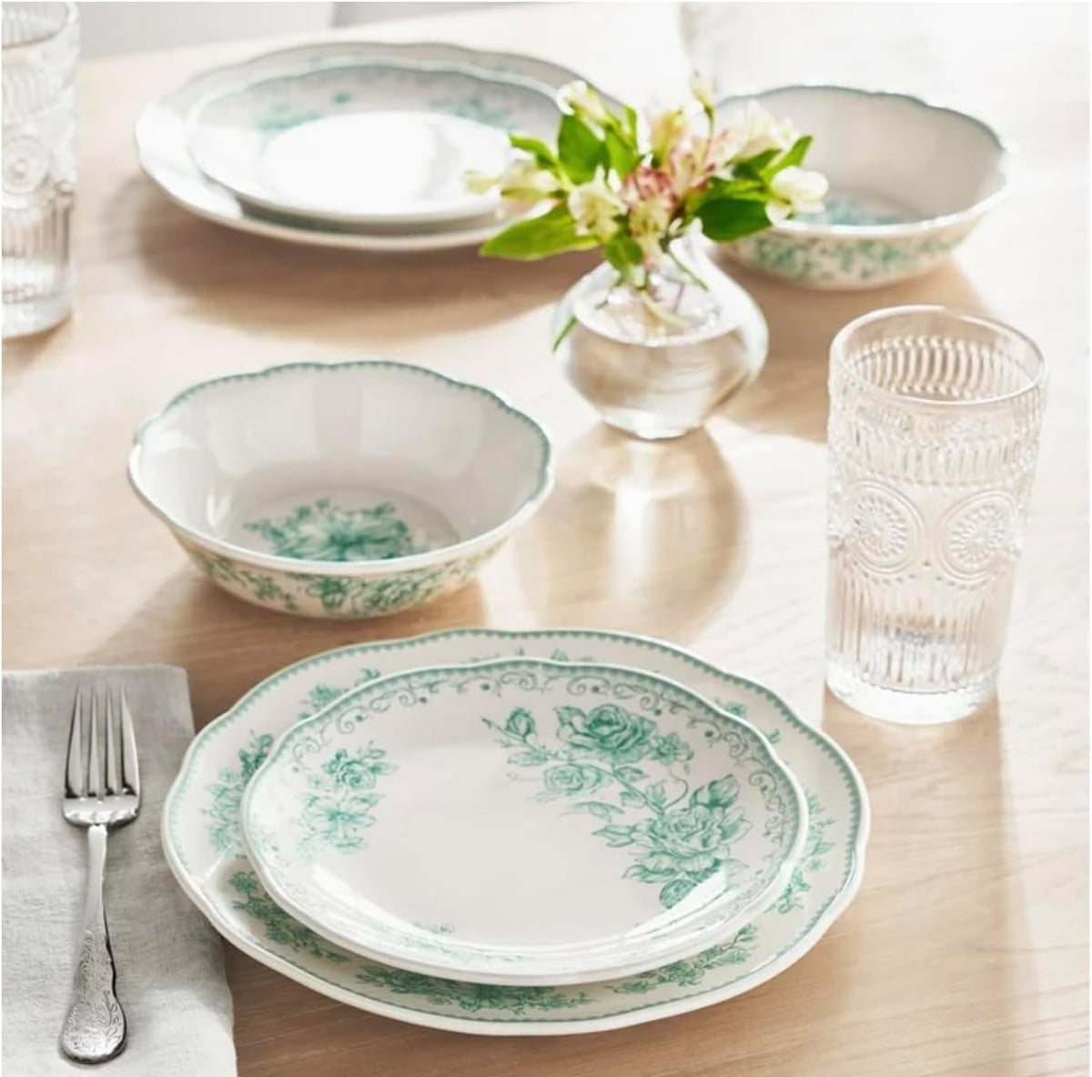 12-Piece Stoneware Dinnerware Set, Service for 4, Green E8217