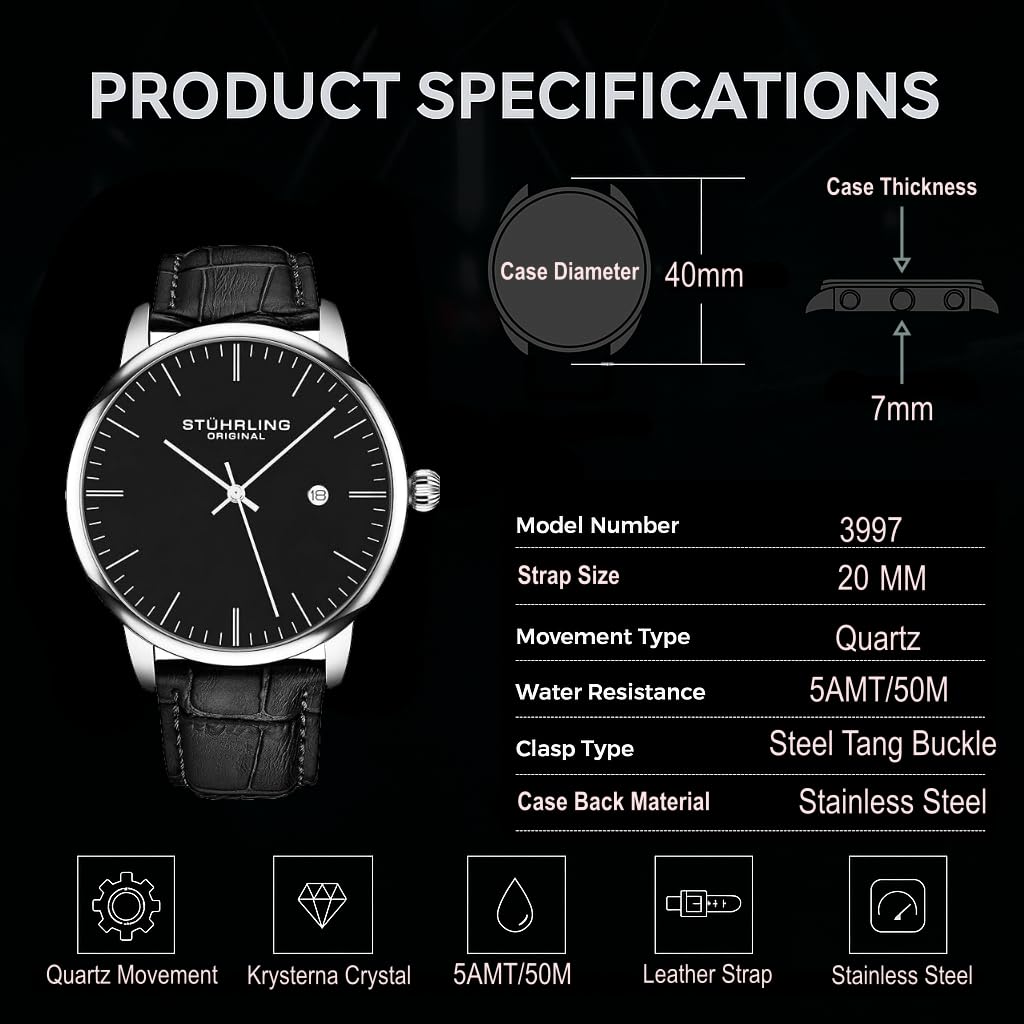 Men's 40mm Ultra Slim Leather Strap Quartz Analog Dress Watch V93742