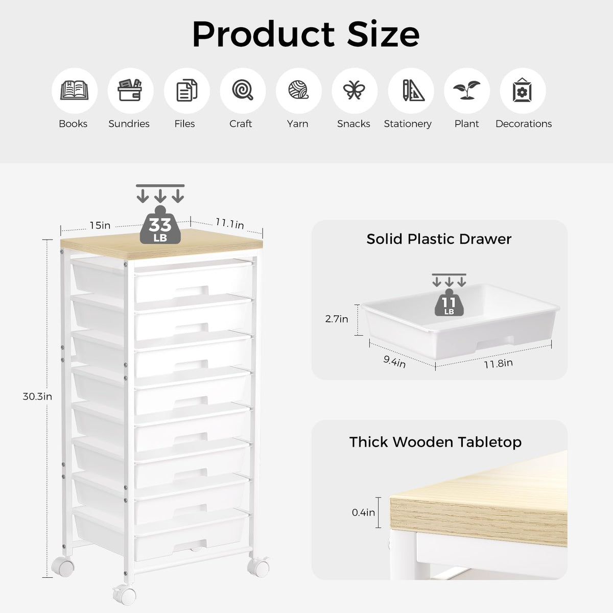 White 8 Drawer Rolling Storage Cart with Wooden Tabletop L6579