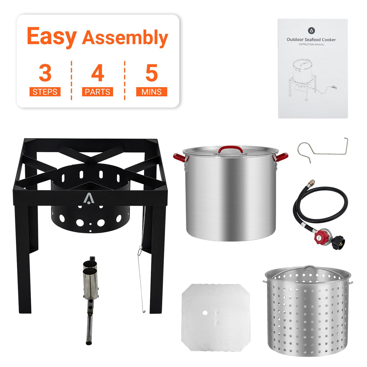 100Qt Aluminum Seafood Boil Pot with Strainer Basket and Propane Stove Burner K5439