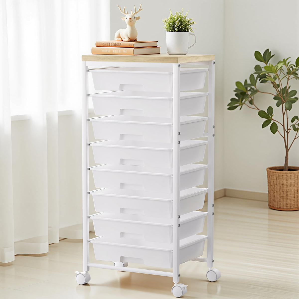White 8 Drawer Rolling Storage Cart with Wooden Tabletop L6579