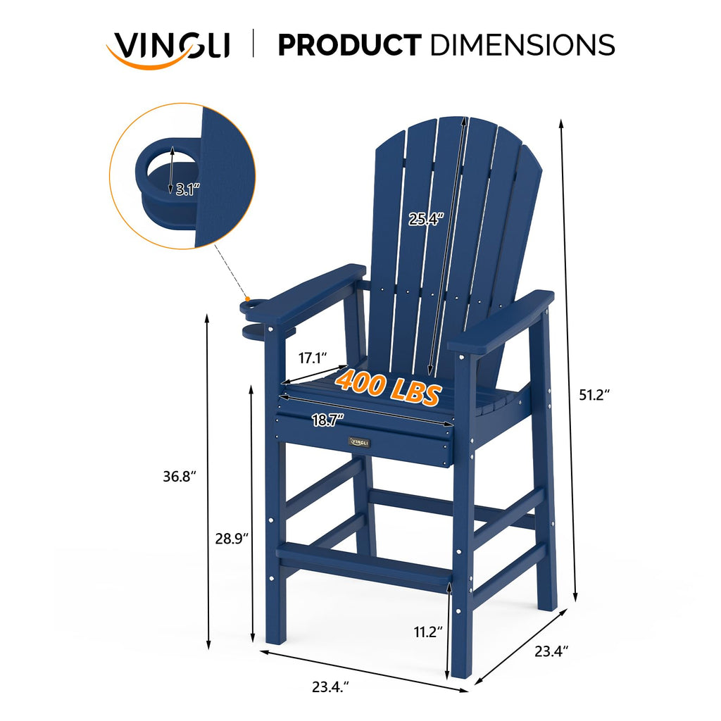 Tall Adirondack Chairs Set of 2, All-Weather Plastic with Cup Holders, Navy Blue A816