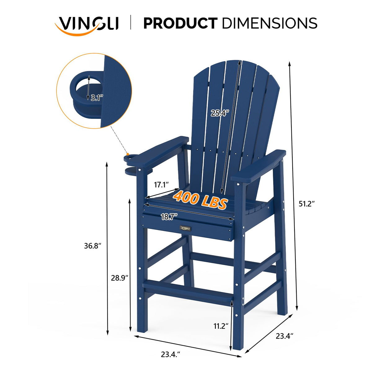 Tall Adirondack Chairs Set of 2, All-Weather Plastic with Cup Holders, Navy Blue A816