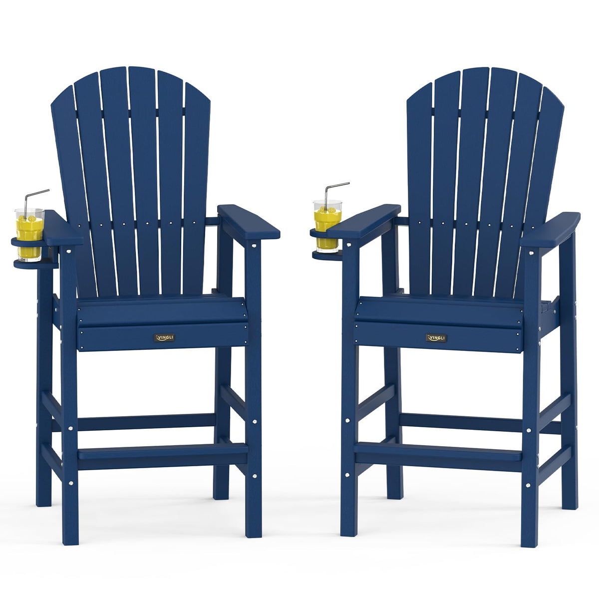 Tall Adirondack Chairs Set of 2, All-Weather Plastic with Cup Holders, Navy Blue A816
