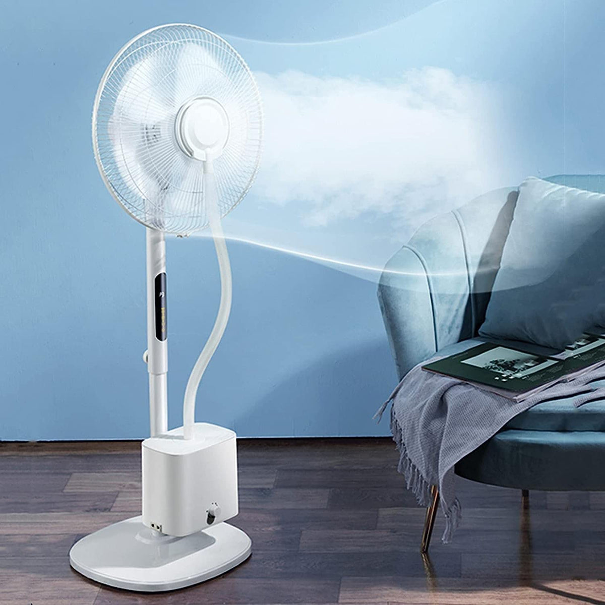 Oscillating Misting Pedestal Fan with Remote Control, 3-Speed, 3 L Water Tank, 16-inch, White B9009