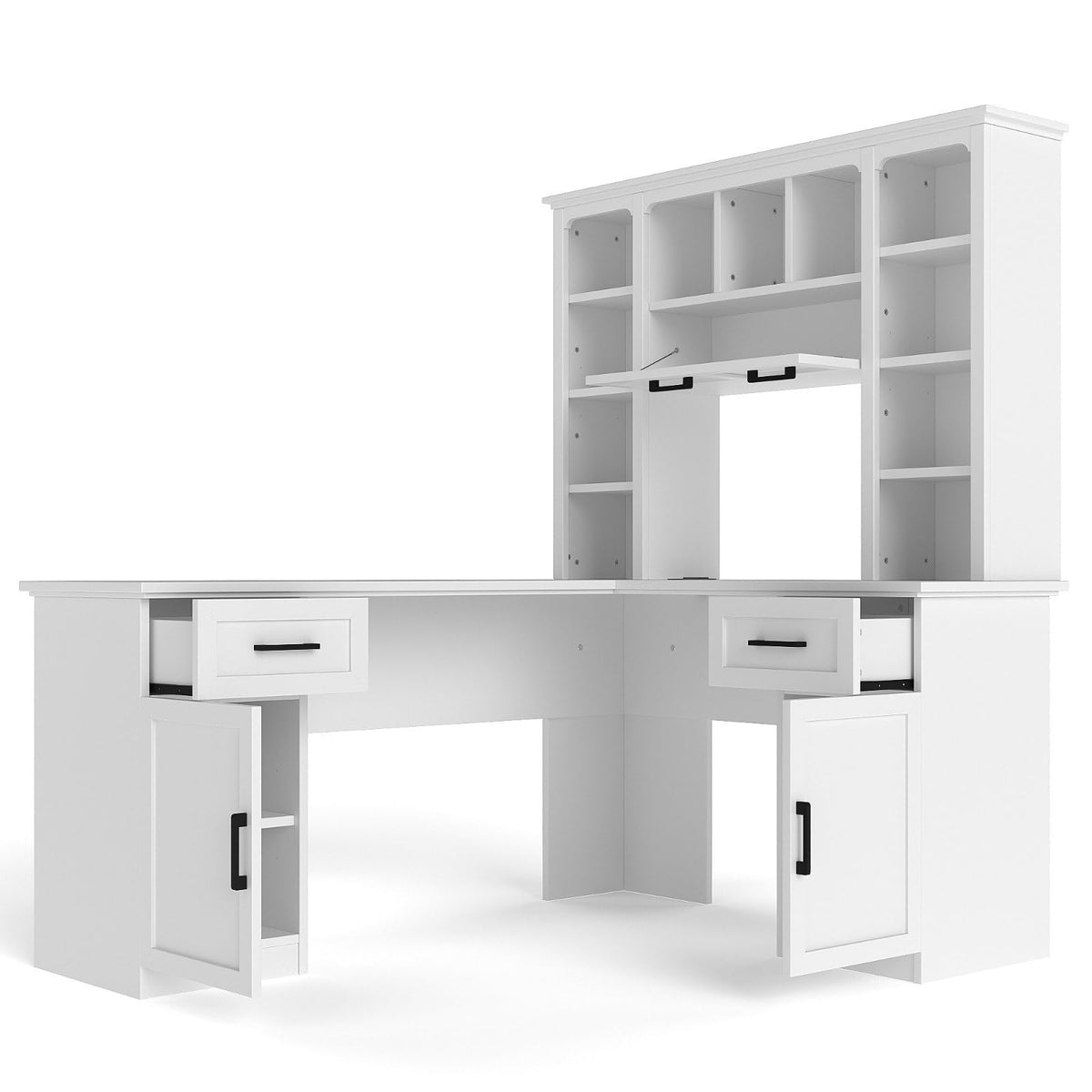 White L-Shaped Computer Desk with Hutch and Storage M37238