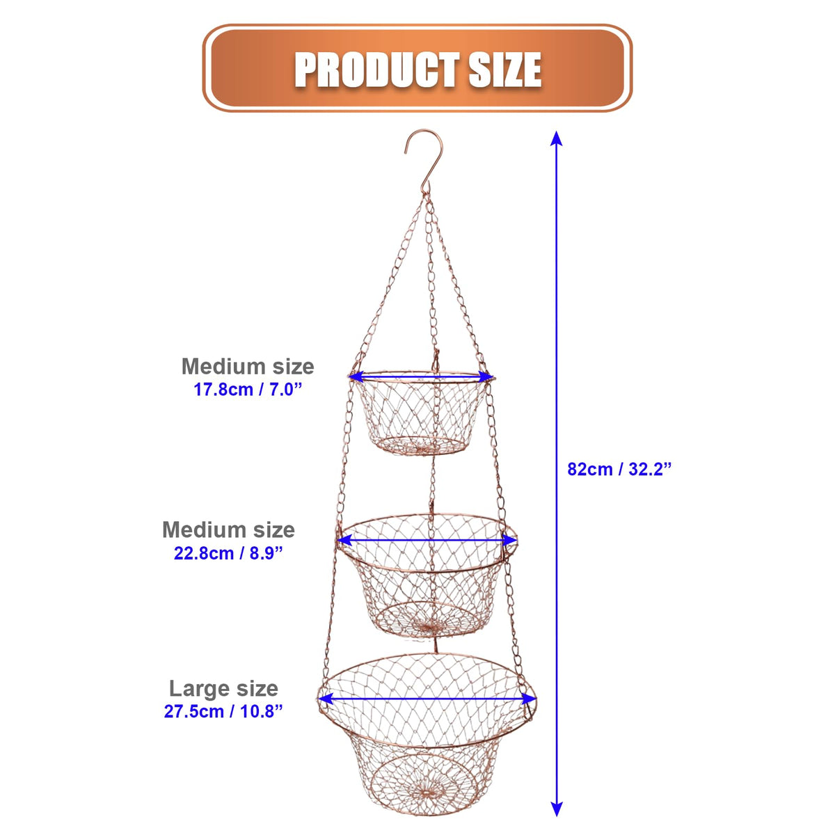 3 Tier Heavy Duty Wire Fruit and Vegetable Basket with Hooks Y871