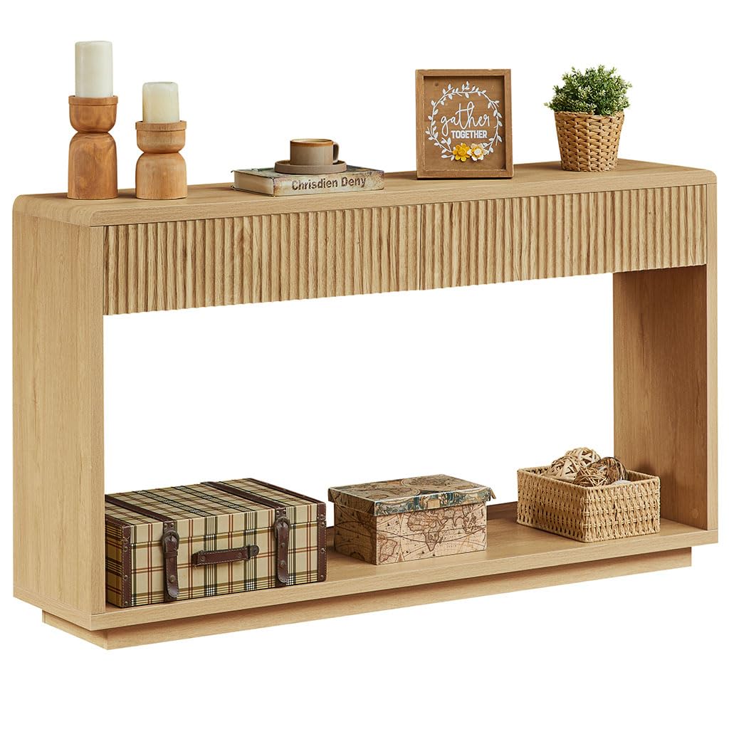 59" Oak Console Table with 2 Drawers and Open Shelf L594