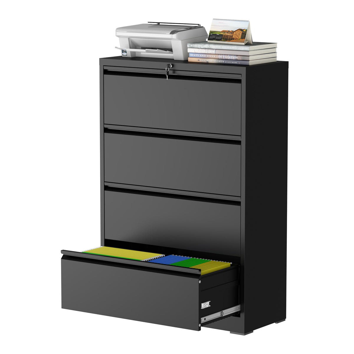 Black 4 Drawer Metal File Cabinet with Lock R52590