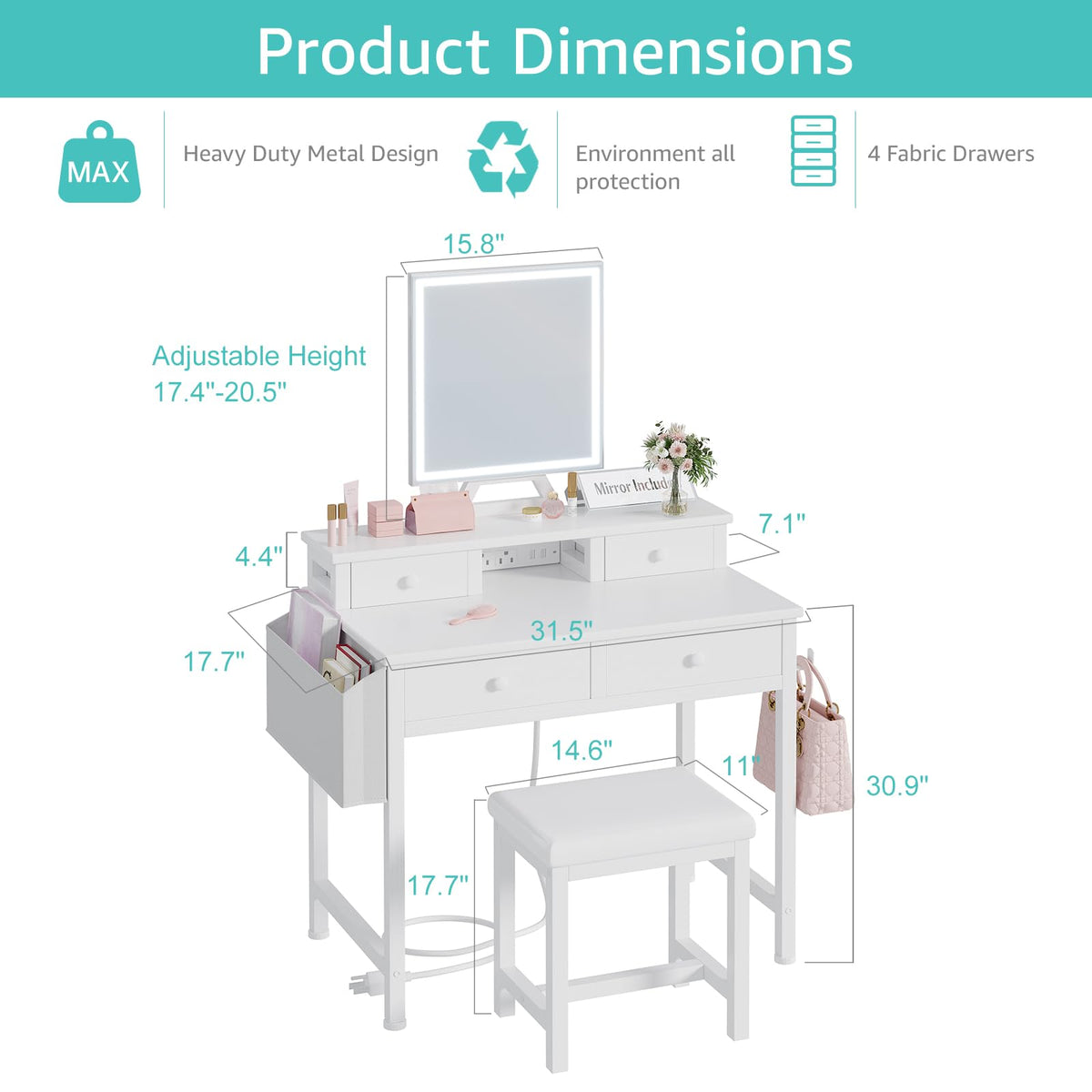White Makeup Vanity Desk with Mirror and Lights, Chair and Drawers L967