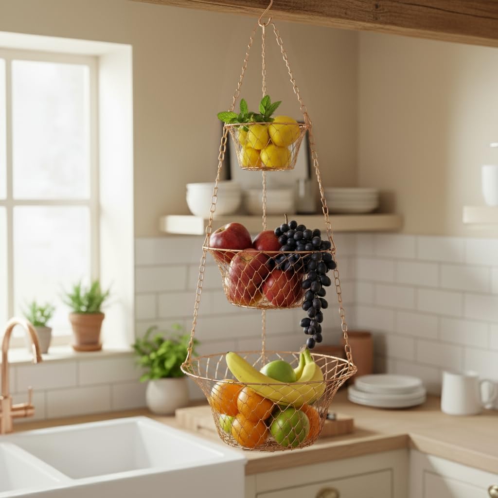3 Tier Heavy Duty Wire Fruit and Vegetable Basket with Hooks Y871