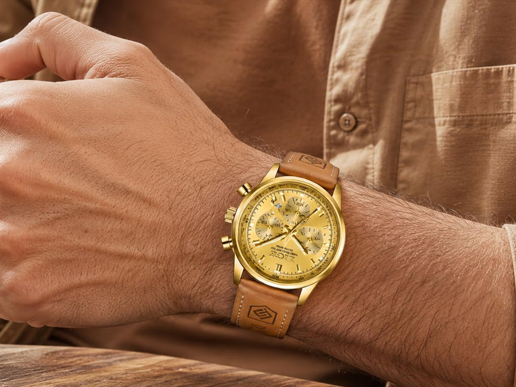 Gold-Tone Quartz Chronograph Watch Brown Leather Strap B5924