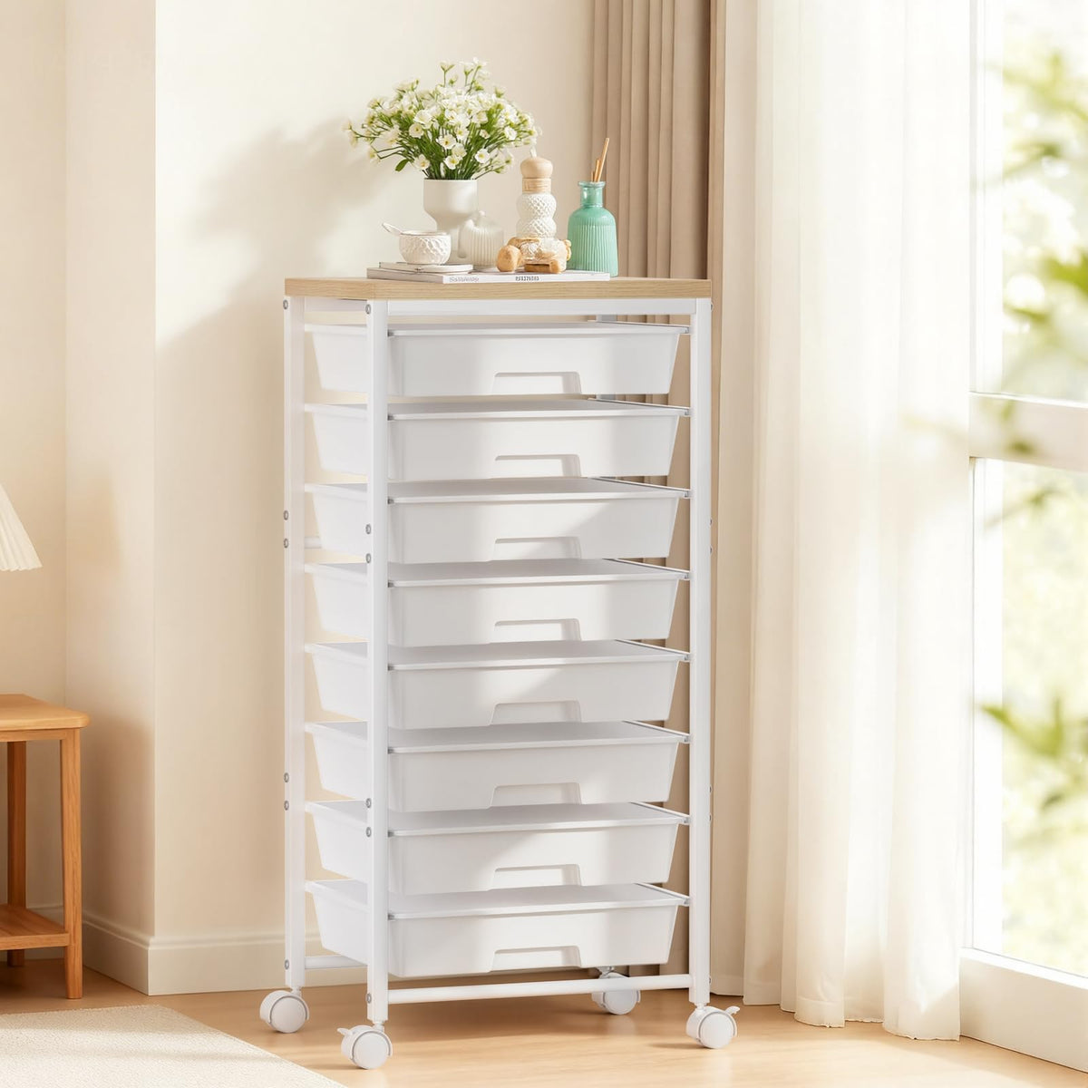 White 8 Drawer Rolling Storage Cart with Wooden Tabletop L6579