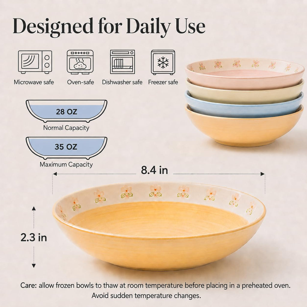 Hand-Painted Floral Ceramic Pasta Bowls Set of 4 M808516