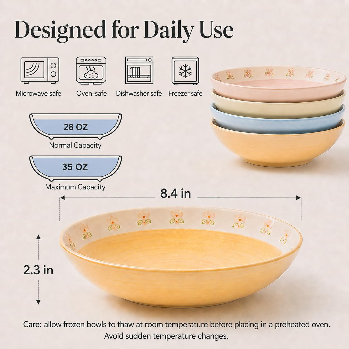 Hand-Painted Floral Ceramic Pasta Bowls Set of 4 M808516