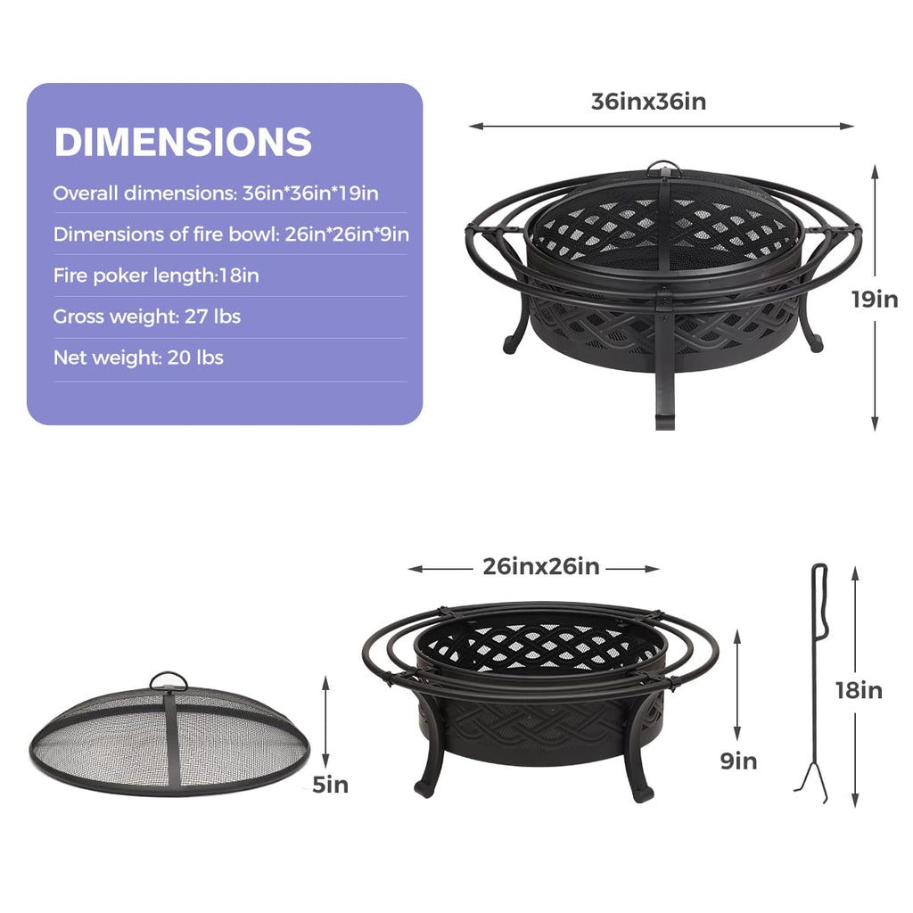 36 Inch Outdoor Fire Pit with Spark Screen Black W69554