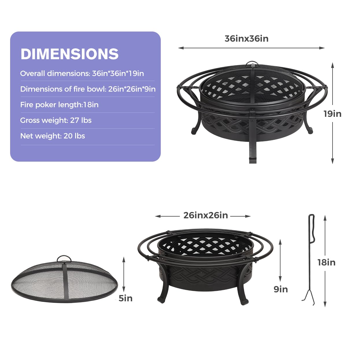 36 Inch Outdoor Fire Pit with Spark Screen Black W69554