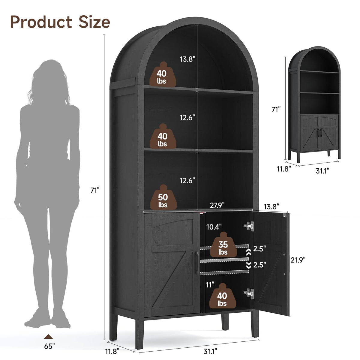 Black 5-Tier Arched Bookshelf with Door L10399
