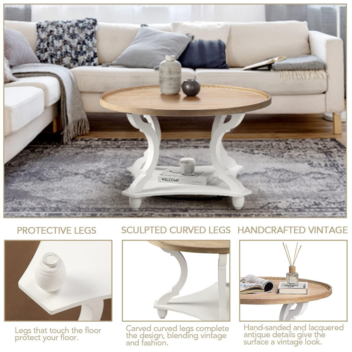 Farmhouse Round Coffee Table with Storage Shelf N3502