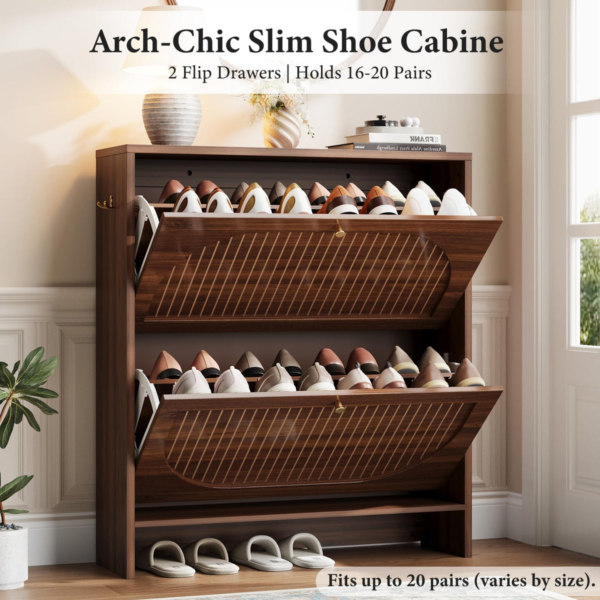 Luminous Walnut Shoe Storage Cabinet with Adjustable Shelves W6689