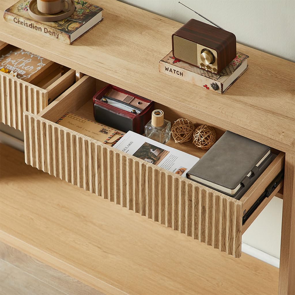 59" Oak Console Table with 2 Drawers and Open Shelf L594