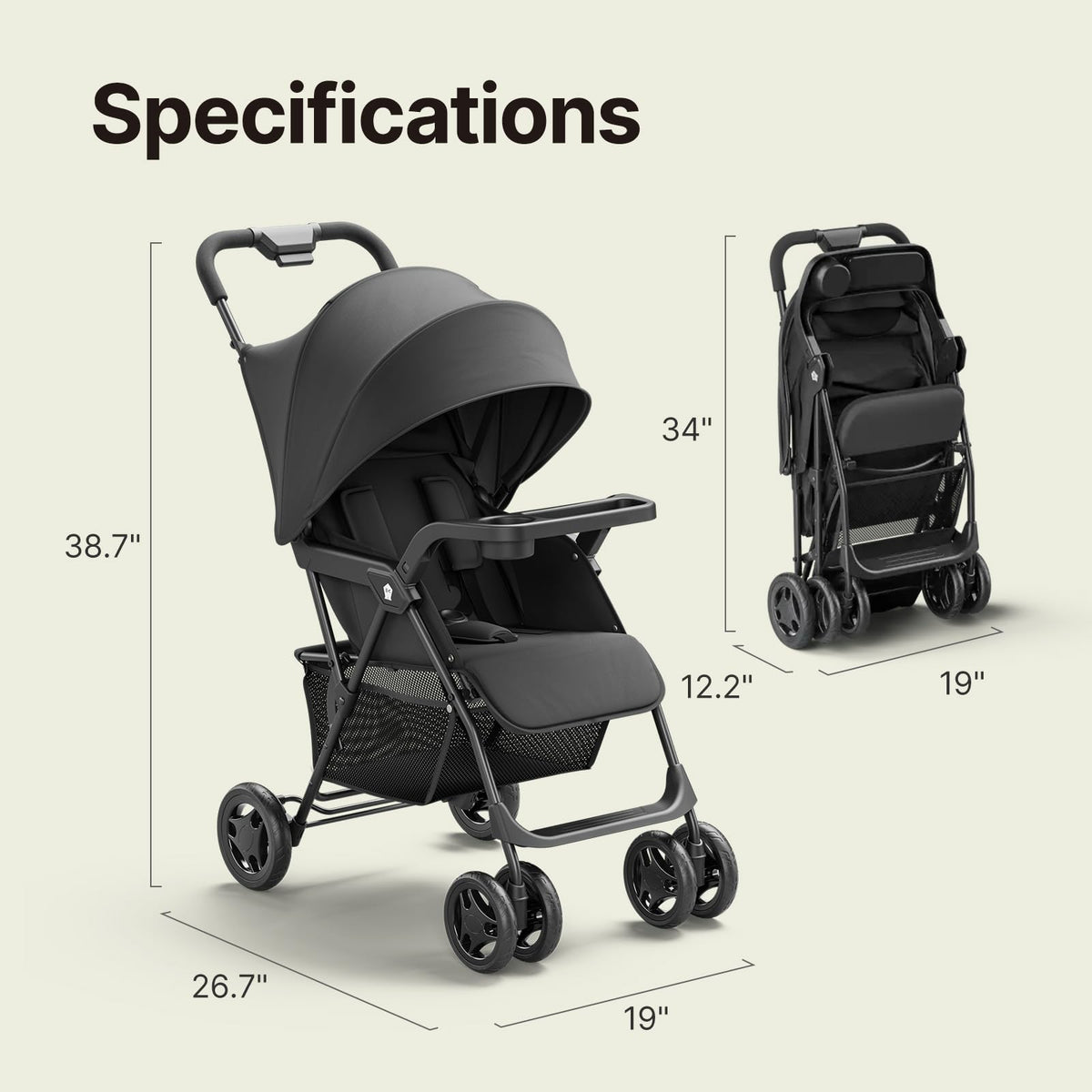 Lightweight Travel Stroller with Near-Flat Recline Seat Q7611
