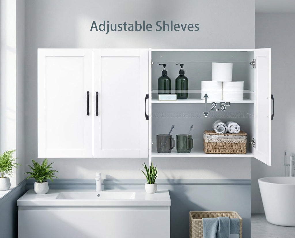 White Wall Cabinet with Adjustable Shelves and 4 Doors T81849