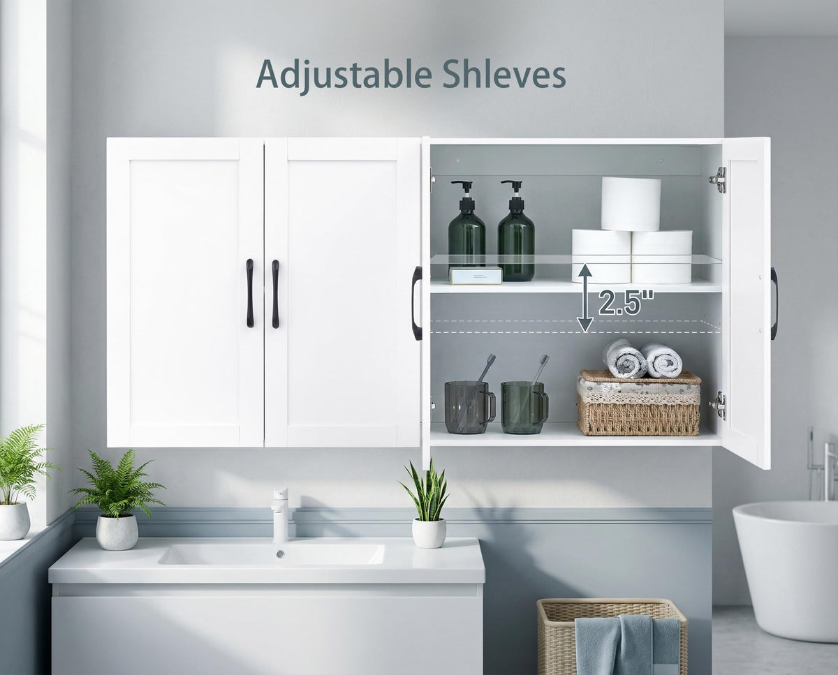 White Wall Cabinet with Adjustable Shelves and 4 Doors T81849