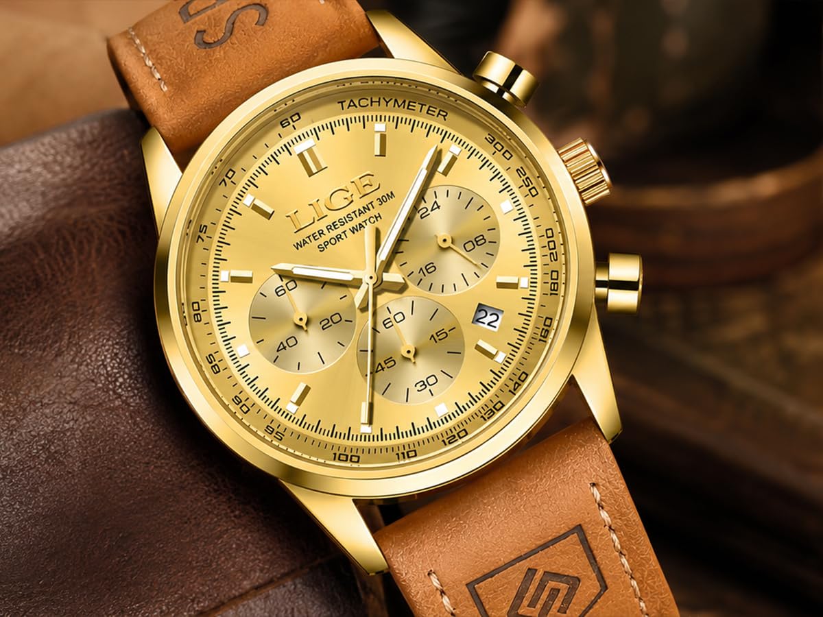 Gold-Tone Quartz Chronograph Watch Brown Leather Strap B5924