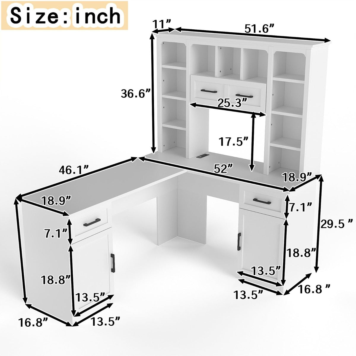 White L-Shaped Computer Desk with Hutch and Storage M37238