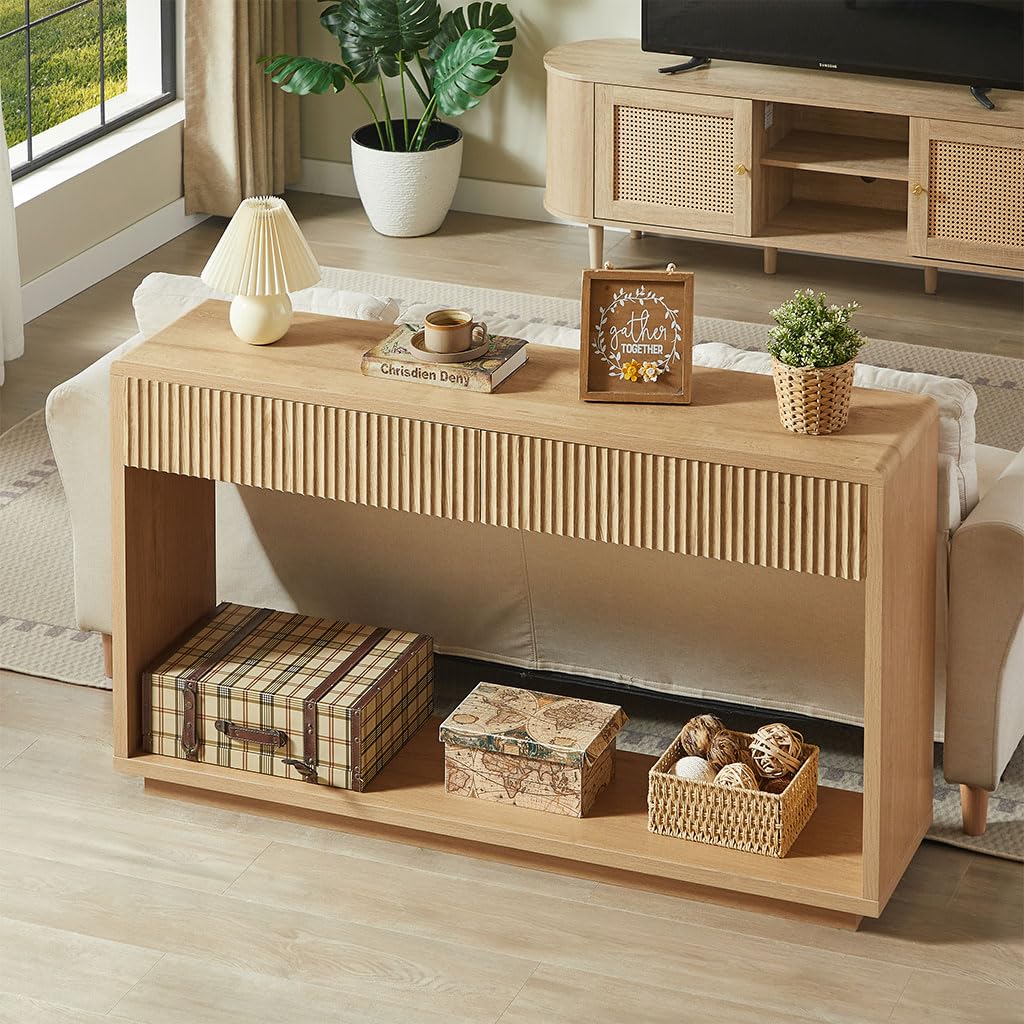 59" Oak Console Table with 2 Drawers and Open Shelf L594