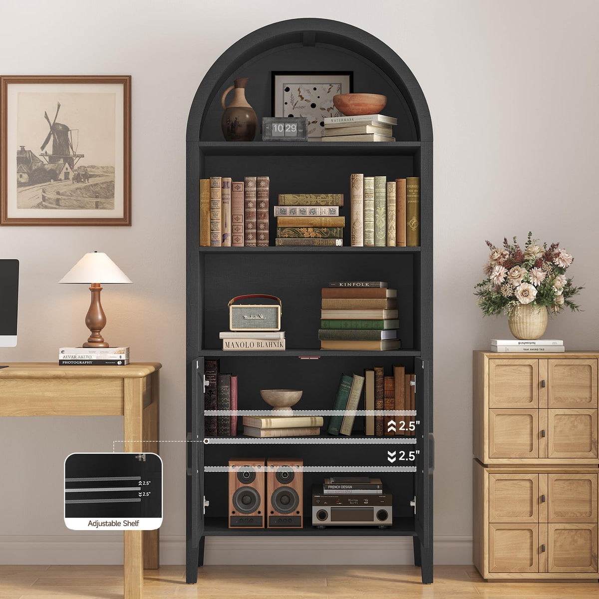 Black 5-Tier Arched Bookshelf with Door L10399