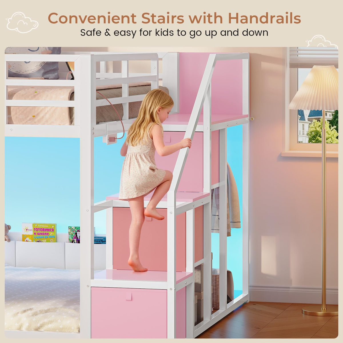 Full Over Full Bunk Bed with Storage Stairs and Drawers, White & Pink Q143464