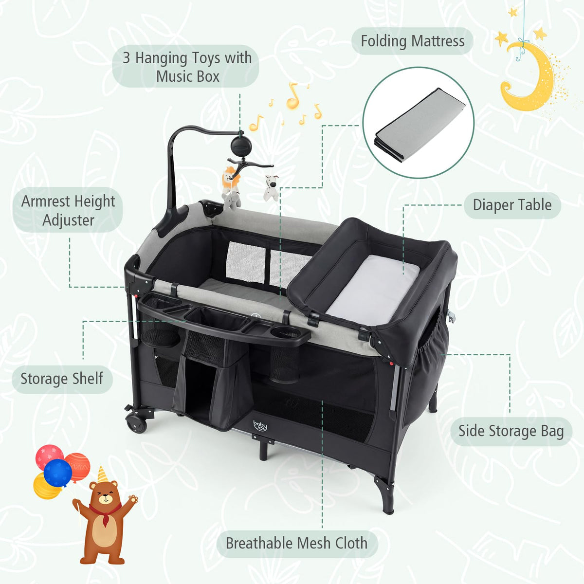 5-in-1 Pack and Play Bassinet Playard with Diaper Changer T54570