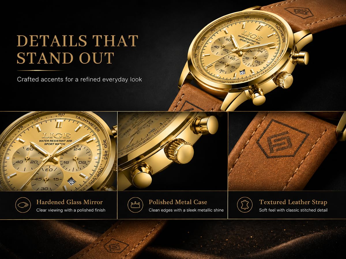 Gold-Tone Quartz Chronograph Watch Brown Leather Strap B5924