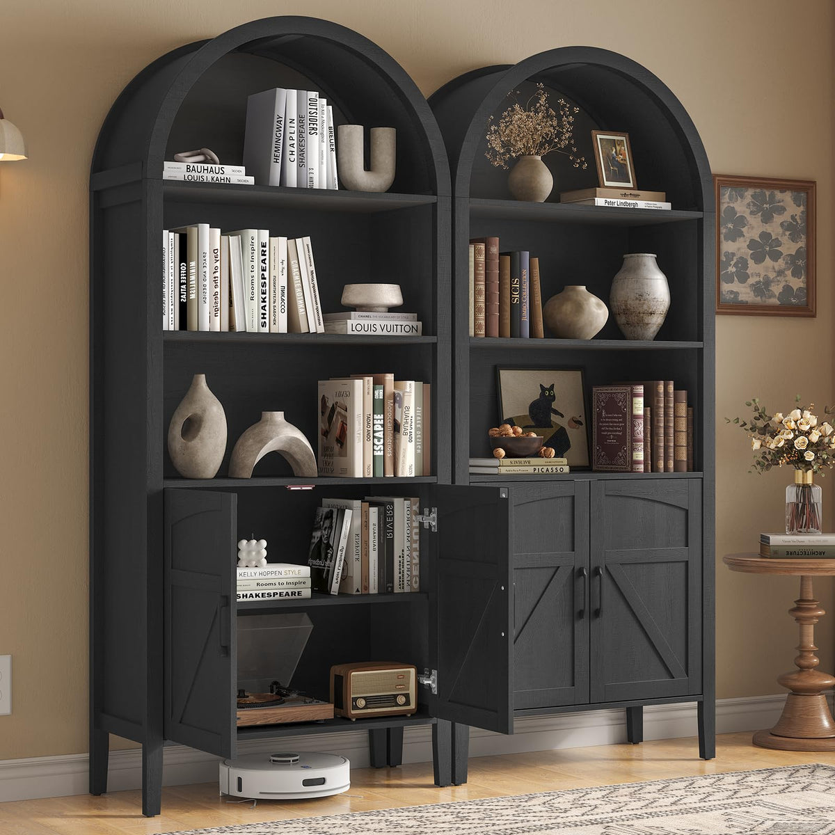 Black 5-Tier Arched Bookshelf with Door L10399
