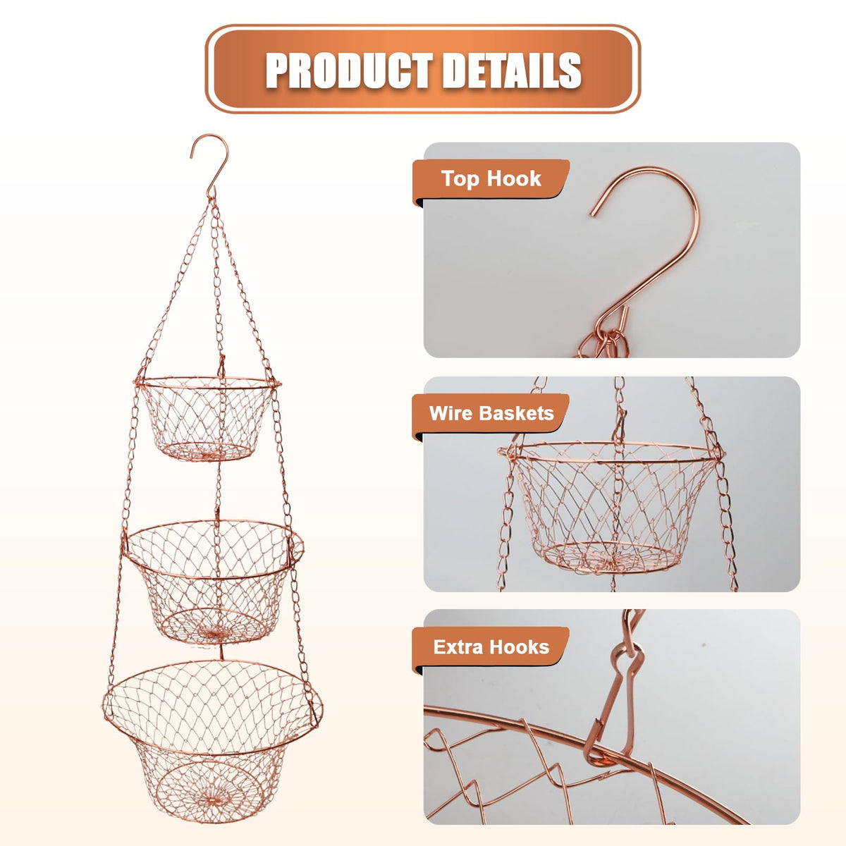 3 Tier Heavy Duty Wire Fruit and Vegetable Basket with Hooks Y871